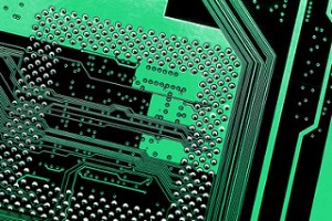 details of the electronic circuit tracks on a printed circuit board